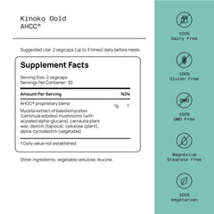 Kinoko Gold AHCC label close-up highlighting Acylated Alpha Glucans.