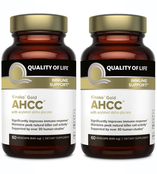 Quality of Life Kinoko Gold AHCC two-bottle pack highlighting convenient immune support