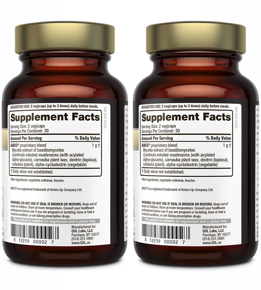 Quality of Life Kinoko Gold AHCC capsules close-up showing tasteless, easy-to-swallow ingestion