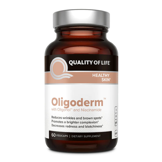 Quality of Life Oligoderm bottle front signals premium skin support for daily radiance.