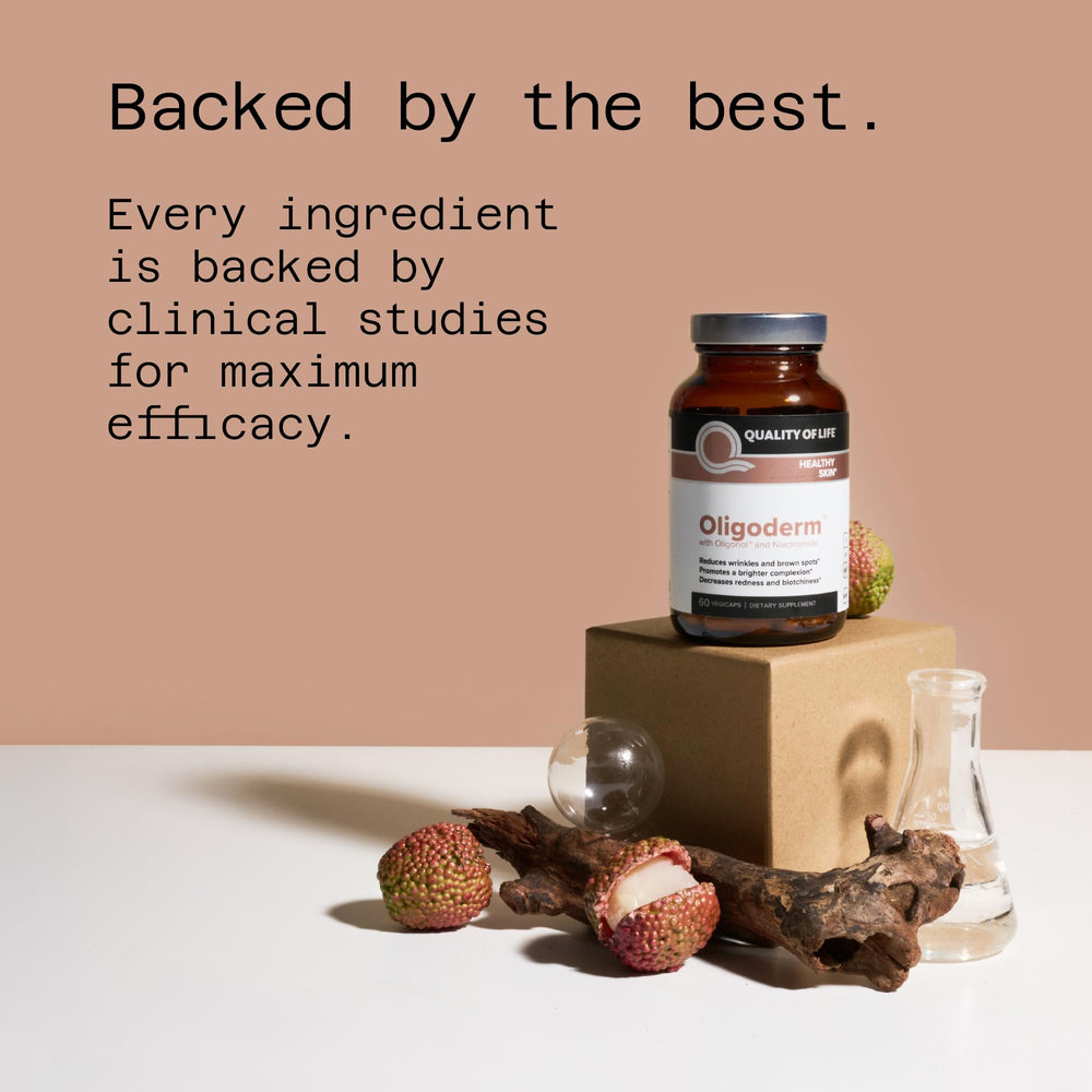 Quality of Life Oligoderm ingredients line highlights Oligonol and Niacinamide for skin nourishment.