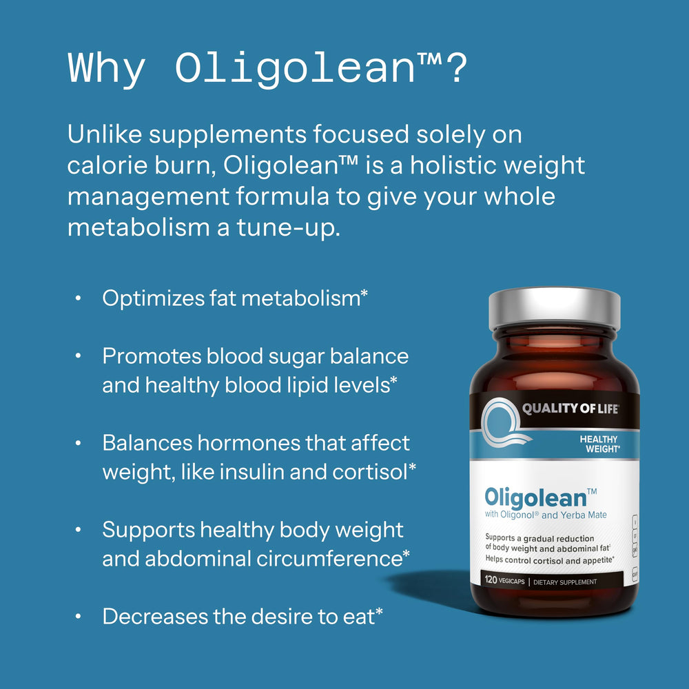 Quality of Life Oligolean label view shows Oligonol and Yerba Mate ingredients for wellness.