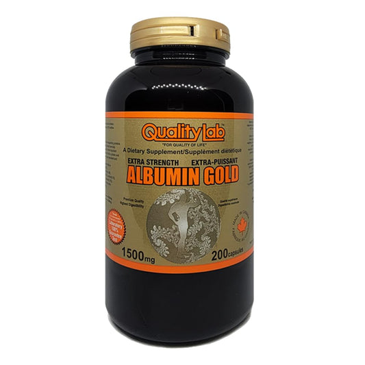 QualityLab Albumin Gold bottle with 200 capsules for daily support.
