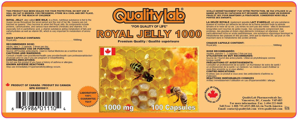QUALITYLAB Royal Jelly capsules close-up, showing 100 softgels in a secure container.