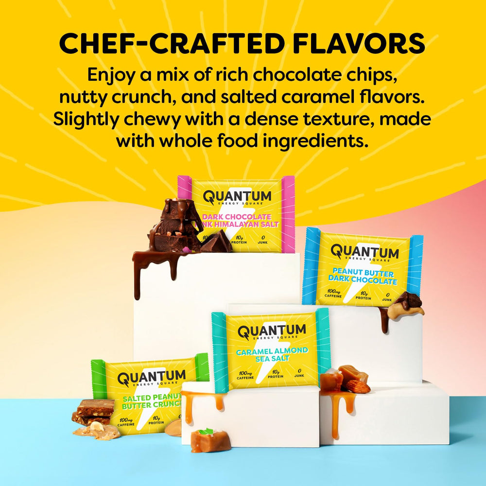Quantum Energy Square nutrition facts emphasizing 10g protein and 100mg caffeine.