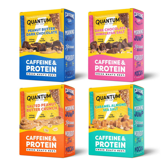 Quantum Energy Square packaging shown, ready to grab for on-the-go fuel on busy days.