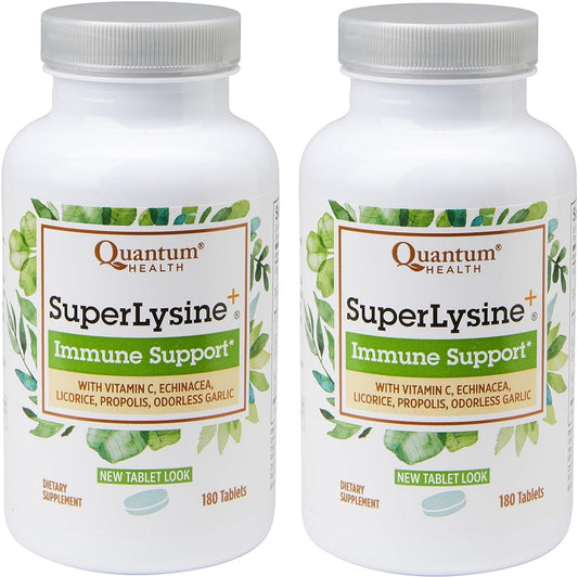 Quantum Health SuperLysine+ bottle front showing two-pack option for immune and lip support