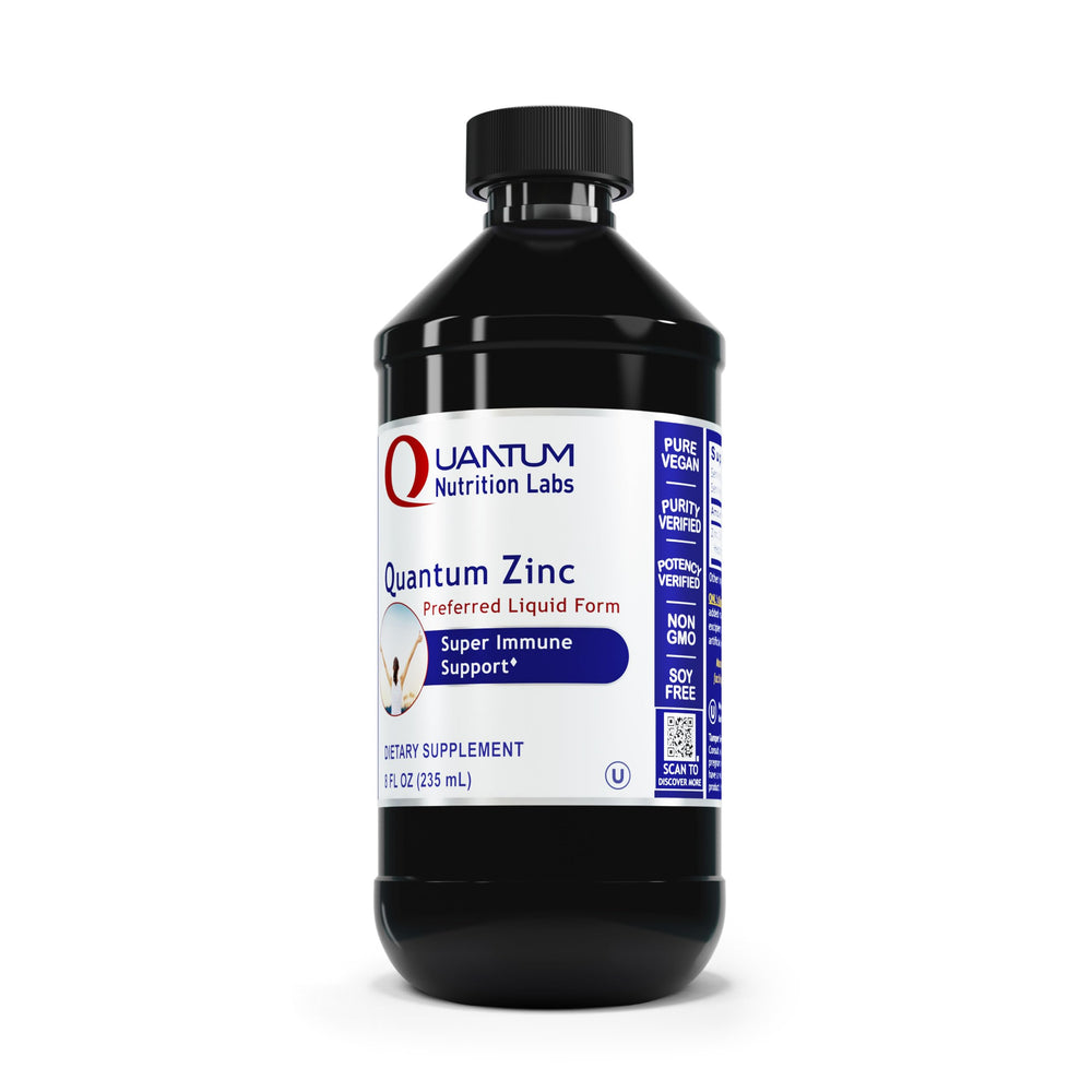 Quantum Nutrition Labs Liquid Zinc Drops bottle pour illustrating easy daily dosing for immune support