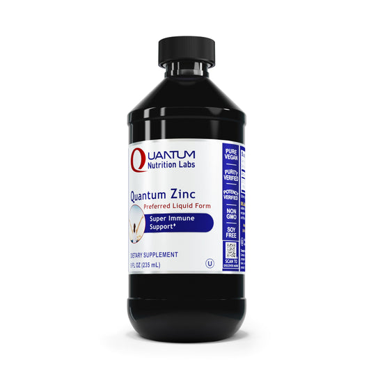 Quantum Nutrition Labs Liquid Zinc Drops bottle pour illustrating easy daily dosing for immune support