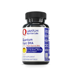 Quantum Nutrition Labs Plant DHA bottle front showing vegan omega-3 softgels for brain, eye, and heart support