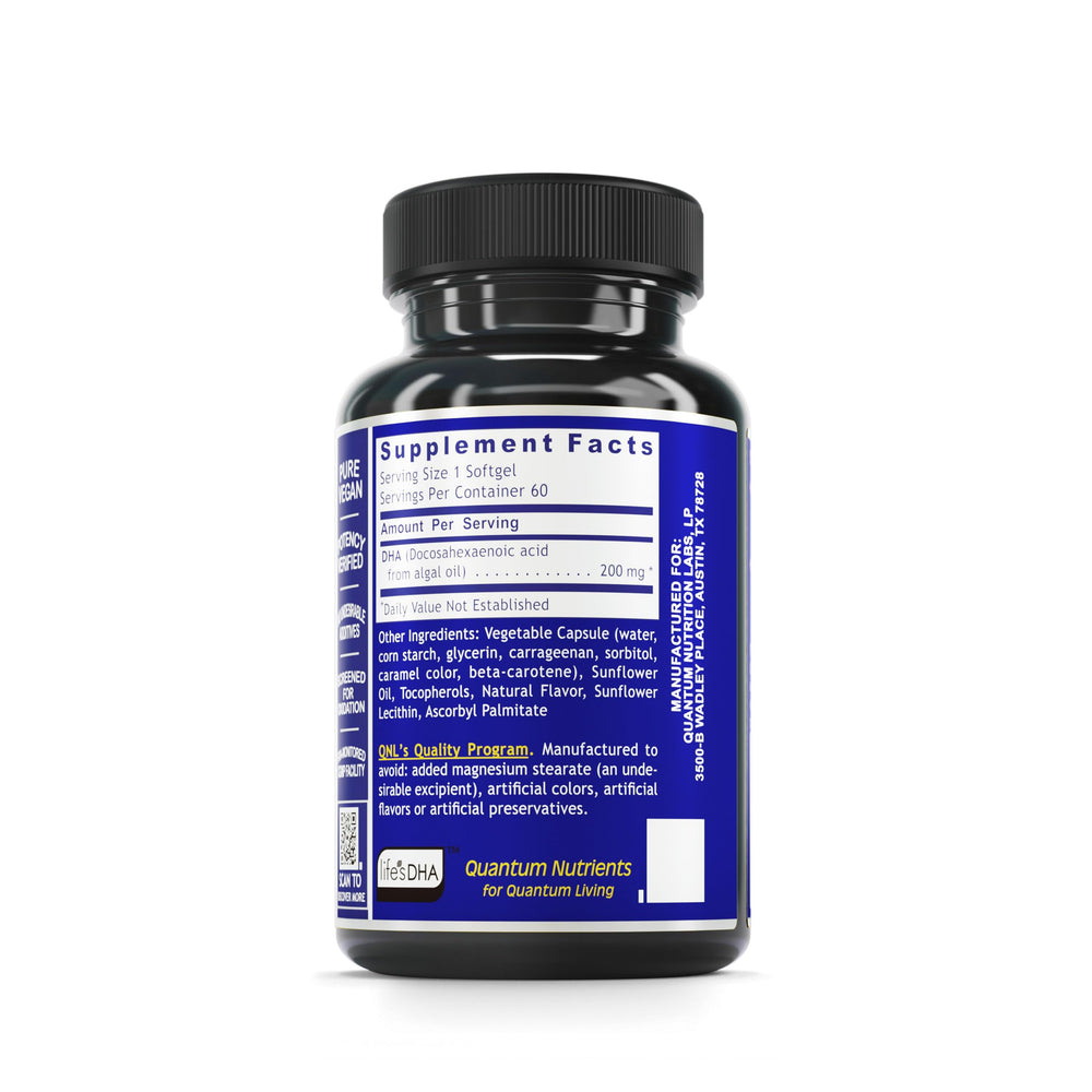 Close-up of Quantum Nutrition Labs Plant DHA softgels, algae-based omega-3 for brain and vision support