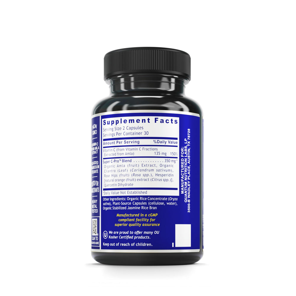 Quantum Vitamin C capsules from Quantum Nutrition Labs showing vegan, non-GMO formula.