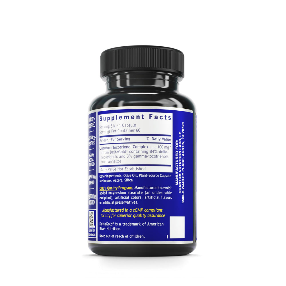 Quantum Nutrition QNL Delta Tocotrienol capsules close-up, plant-sourced tocotrienols for heart health.