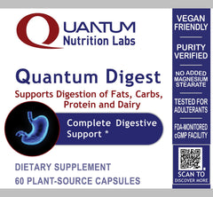 Quantum Nutrition Quantum Digest ingredients blend label highlighting pepsin and plant-based enzymes.
