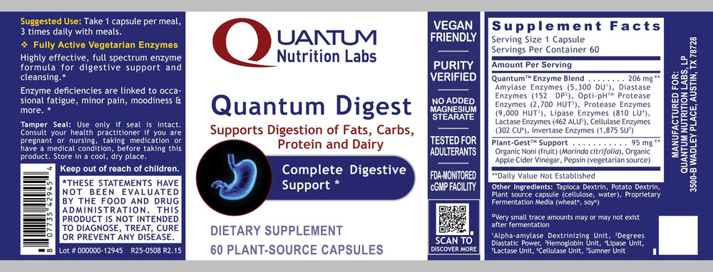 Quantum Nutrition Quantum Digest packaging label emphasizing vegan friendly quality.