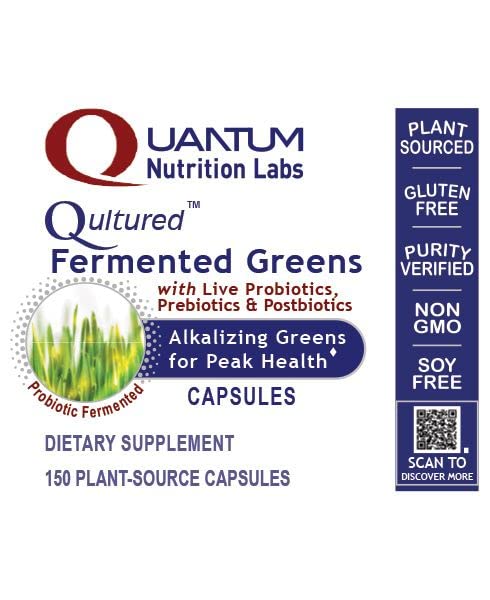 Capsules of Quantum Fermented Greens provide a convenient probiotic prebiotic greens boost.