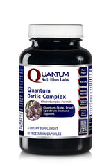 Quantum Nutrition Quantum Garlic Complex bottle label highlighting allicin-rich formula for immune support