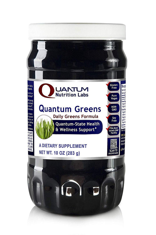 Quantum Nutrition Quantum Organic Greens bottle with fresh greens for daily vitality.