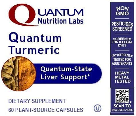 Quantum Nutrition turmeric bottle label shows vegan and Non-GMO.