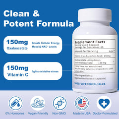 QUBIT Oxaloacetate ingredients panel with vitamin C and stabilization