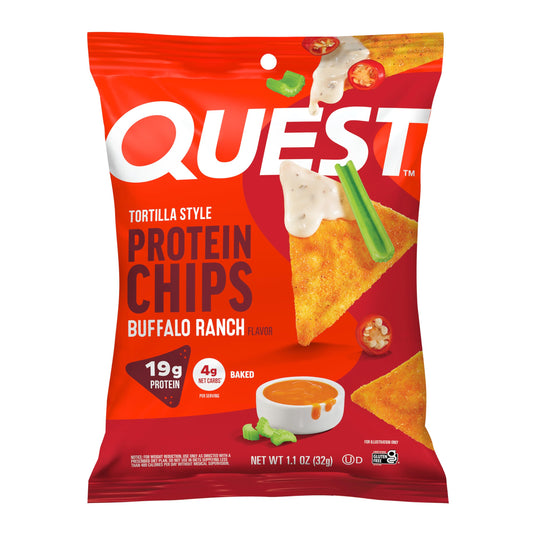 Quest Buffalo Ranch protein chips bag shows bold flavor for on-the-go snacking.