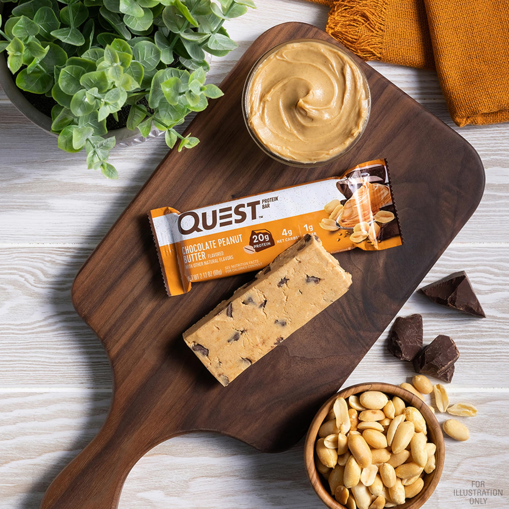 Quest Chocolate Peanut Butter Bar bite reveals a chewy, satisfying texture.