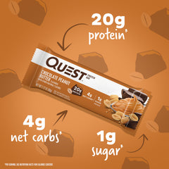 Quest Chocolate Peanut Butter Bar closeup highlights smooth chocolate and creamy peanut butter flavor.