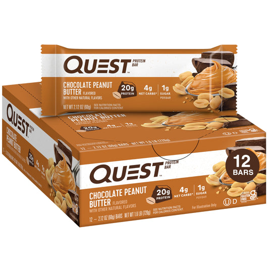 Quest Chocolate Peanut Butter Bar packaging showcases a protein-packed snack for on-the-go meals.