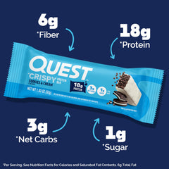 Cross-section of Quest Cookies & Cream Crispy Bar shows crunchy bits and creamy center.
