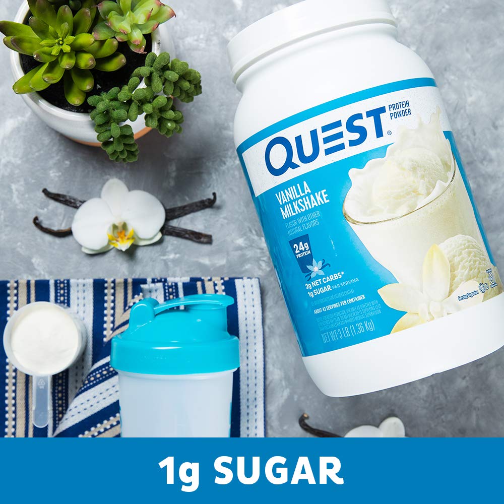 Quest Nutrition vanilla milkshake nutrition label shows 24g protein and 1g sugar