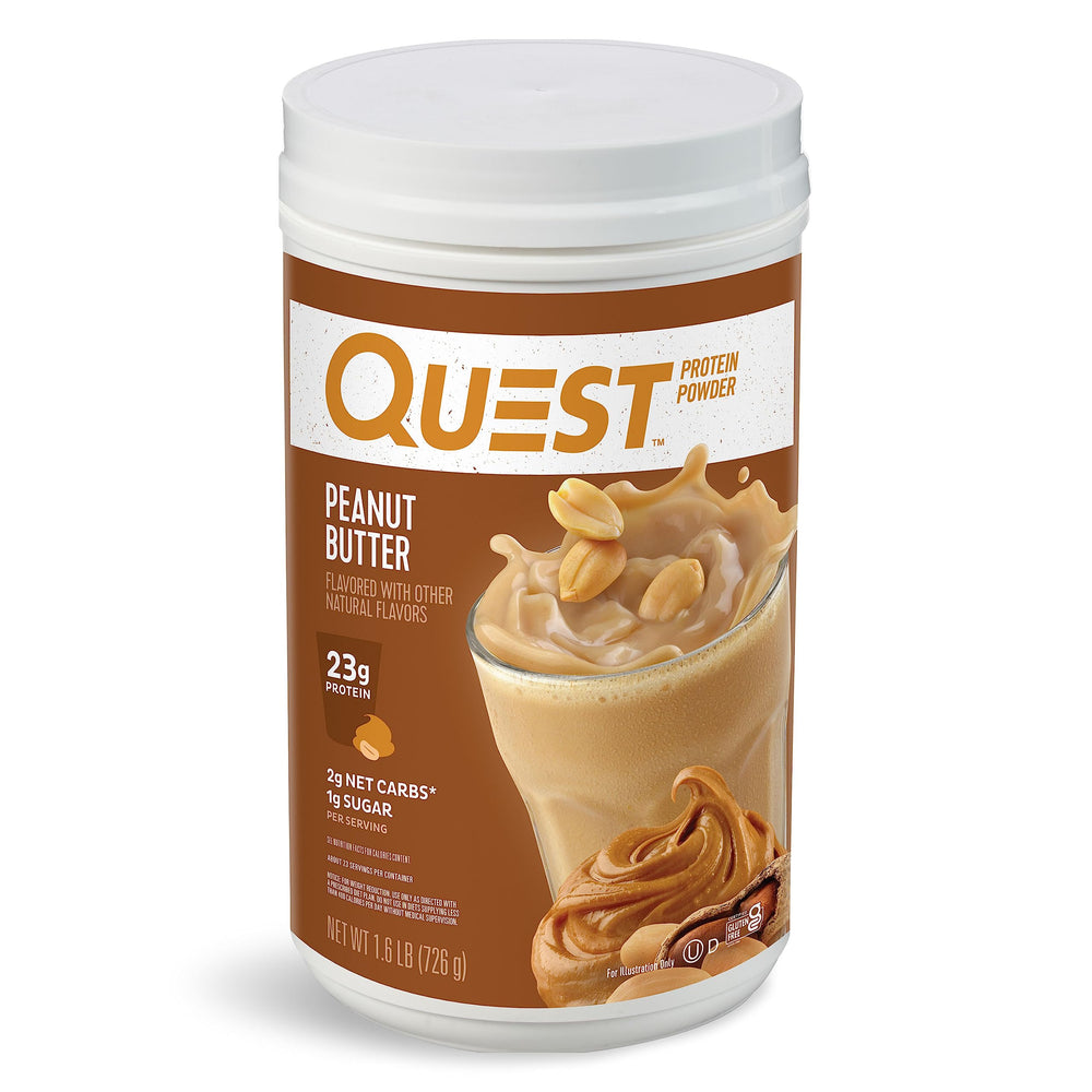 Quest Peanut Butter Protein Powder canister highlighting 23g protein per scoop for workouts