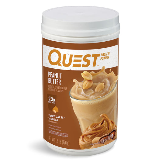 Quest Peanut Butter Protein Powder canister highlighting 23g protein per scoop for workouts