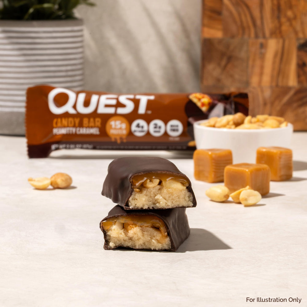 Quest Peanutty Caramel Bar nutrition panel shows 15g protein and low sugar.