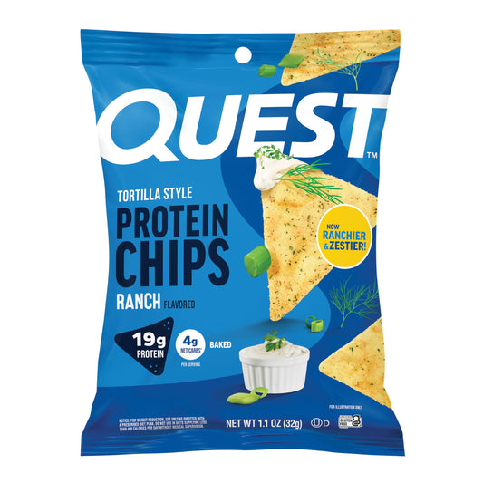 Quest Ranch Tortilla Style Protein Chips bag front showing 19g protein per serving