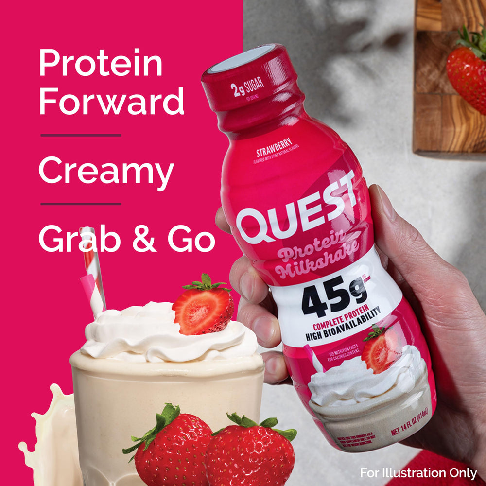 Quest Strawberry Protein Shake creamy texture close-up shows smooth, frothy consistency.