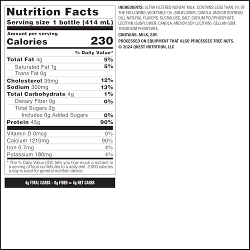 Quest Strawberry Protein Shake label close-up highlights 45g protein per serving.