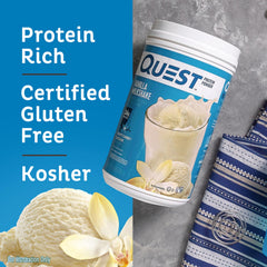 Quest Vanilla Milkshake gluten-free label emphasizes suitability for gluten-free diets.