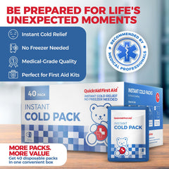 40-pack of Quick Aid disposable ice packs ready for home, school, or clinic use.