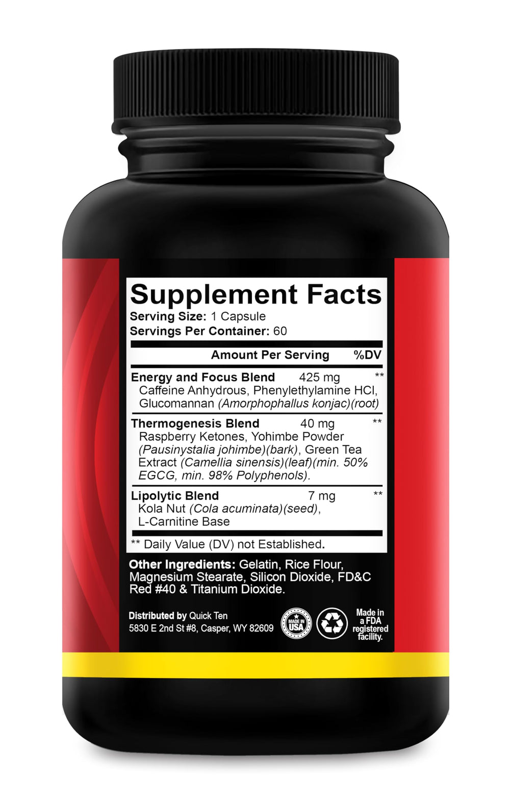 Quick Ten Drop 10 label highlights thermogenic ingredients for increased calorie burn.