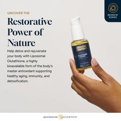Quicksilver liposomal glutathione label highlights gluten-free and non-GMO formula.