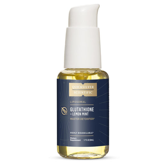 Quicksilver Scientific liposomal glutathione bottle lemon mint flavor for detox support.