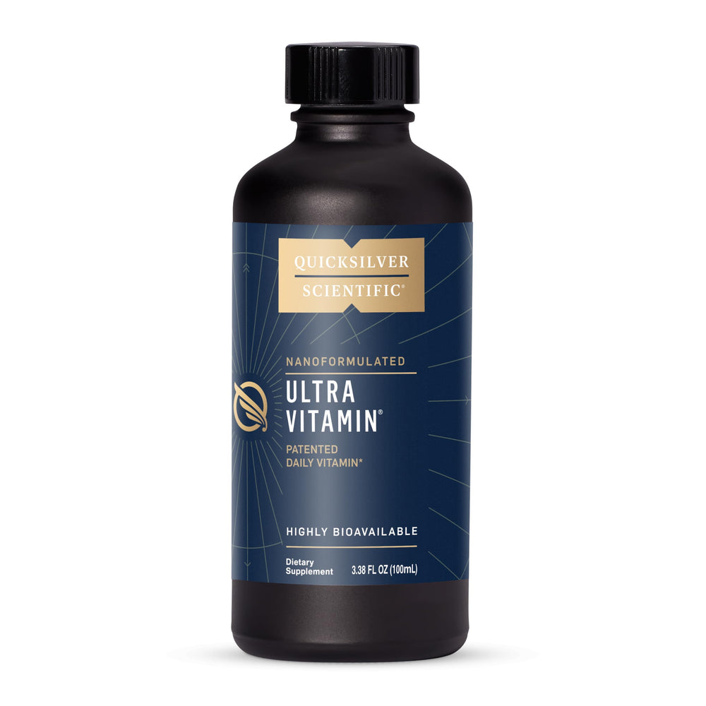Quicksilver Liposomal Ultra Vitamin bottle close-up demonstrates quick absorption.
