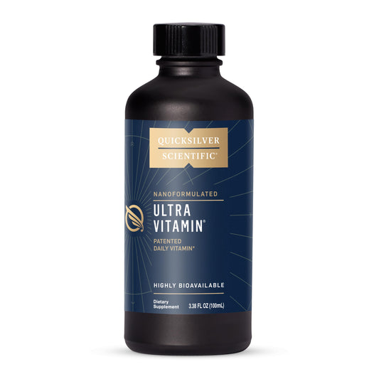 Quicksilver Liposomal Ultra Vitamin bottle close-up demonstrates quick absorption.