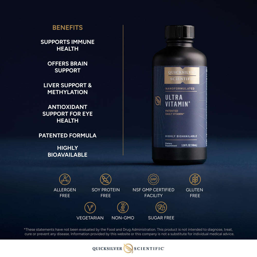 Quicksilver Liposomal Ultra Vitamin ingredients panel emphasizing B complex and antioxidants.
