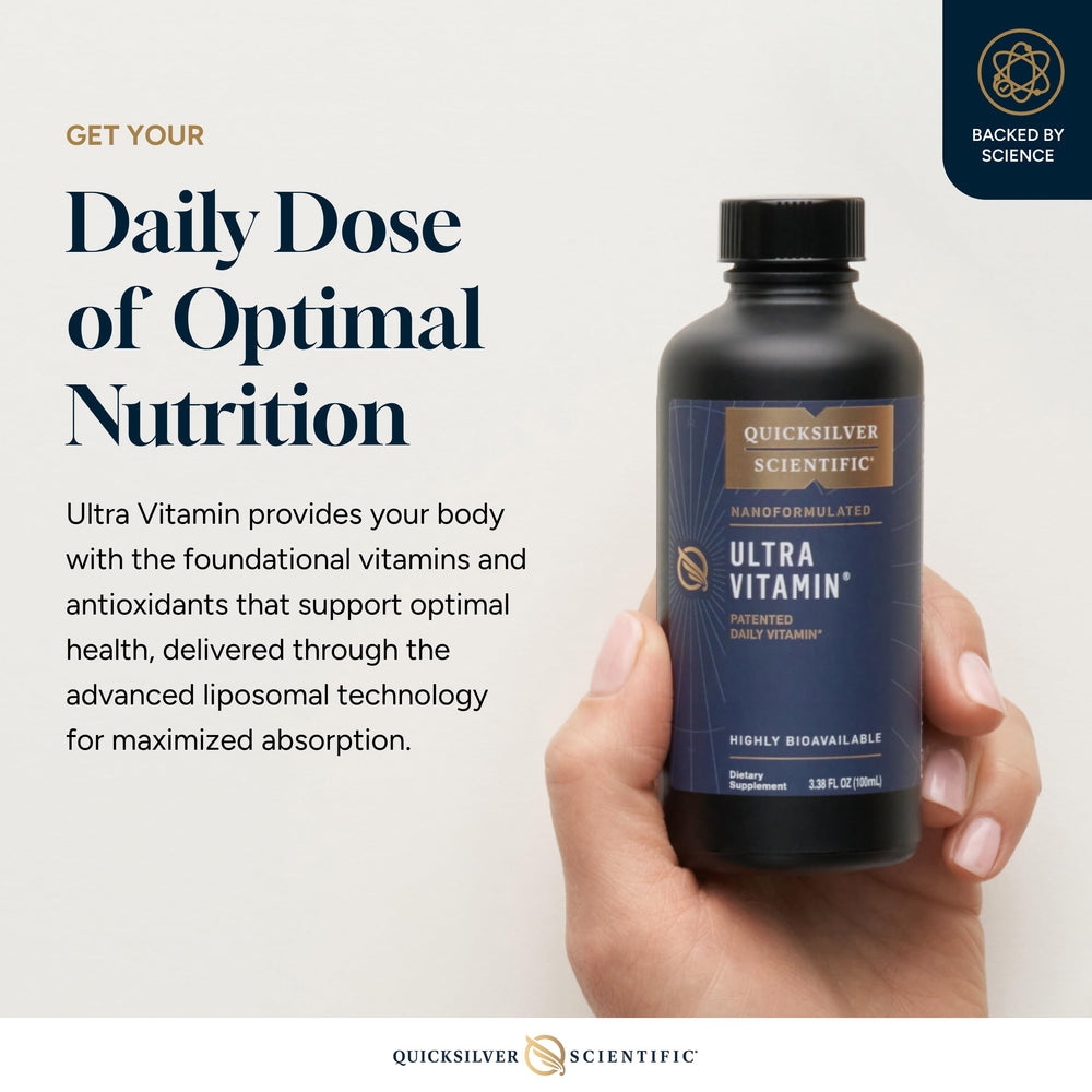 Quicksilver Liposomal Ultra Vitamin packaging with dropper highlighting concentrated liquid delivery.