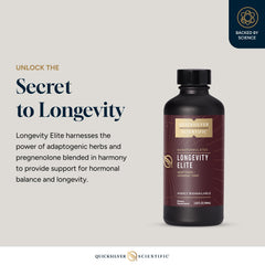 Quicksilver Longevity Elite bottle close-up showing liposomal texture and clarity.