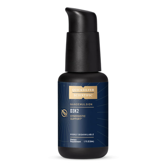 Quicksilver Scientific nanoemulsified D3K2 bottle shows high-absorption liposomes.