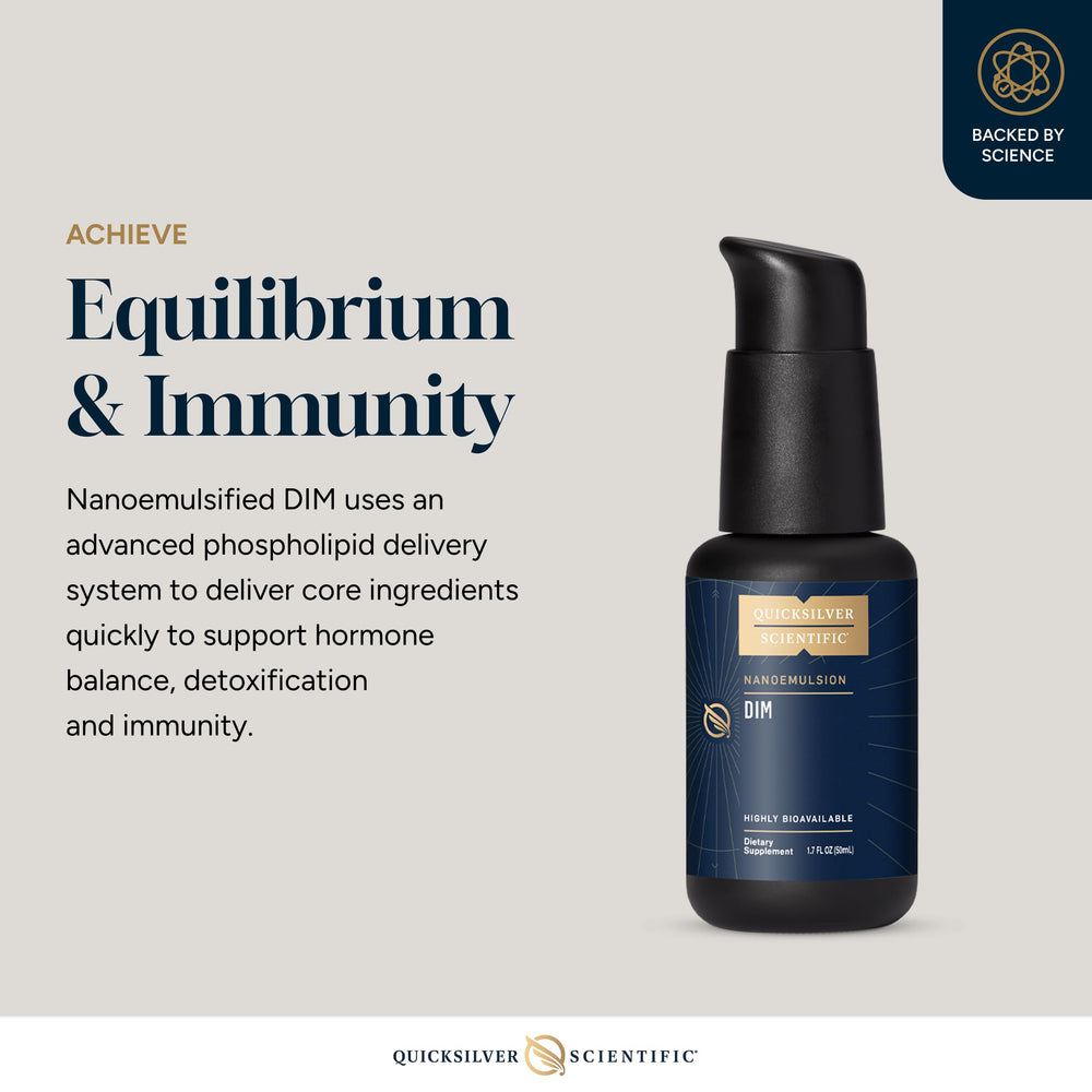 Quicksilver Nanoemulsified DIM label close-up indicating vegan and soy-free formulation.