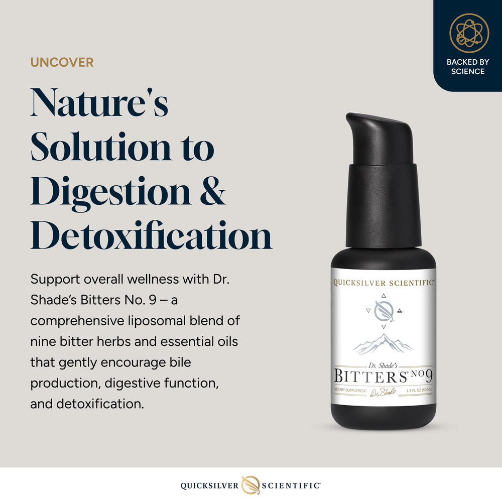 Label closeup highlights essential oils and herbs in Dr. Shade's Bitters No. 9.
