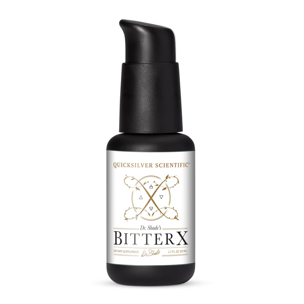 Dr. Shade's BitterX bottle pours for quick digestive support.